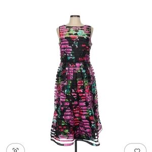 Tahari ASL Black Midi Dress with Pink & Green Floral Print